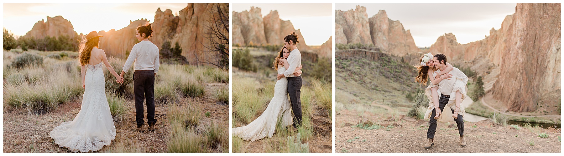 Collage of styled imagery of sunset elopement session at Smith Rock