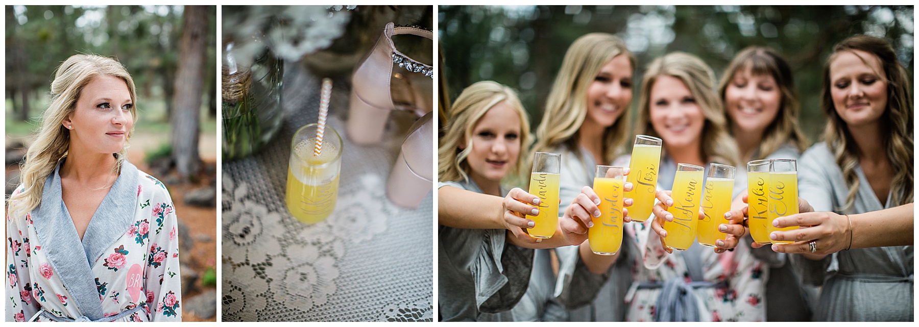 The bride gazing to her right. The morning cocktail placed on a lace table cloth next to her bouquet and shoes. The bride and her bridesmaids smiling while holding their mimosas in customized glasses.
