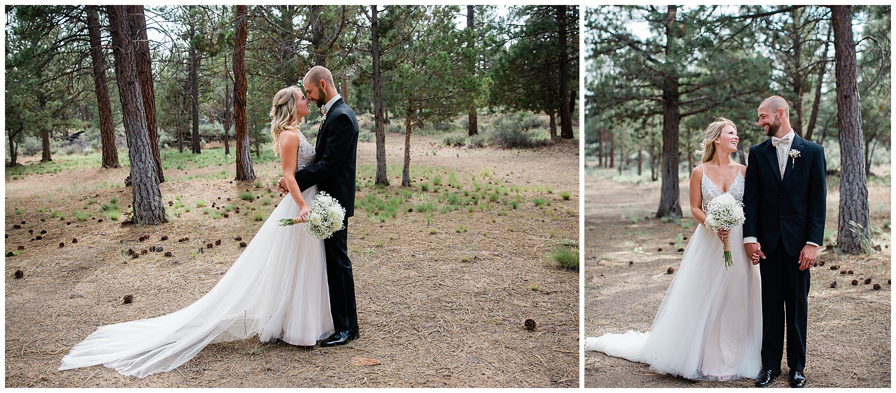 A portrait of the couple in the dessert of the intimate backyard wedding in Bend, Oregon. 