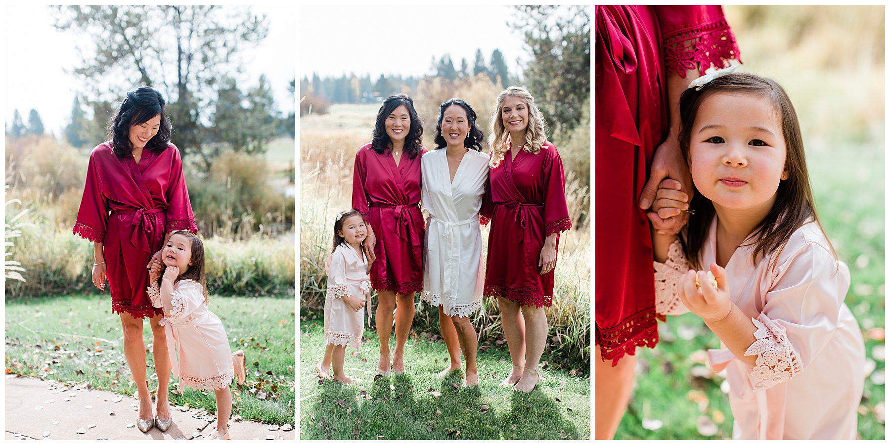 Portrait of the bridal party in robes for the Sunriver Resort Fall Riverfront Wedding