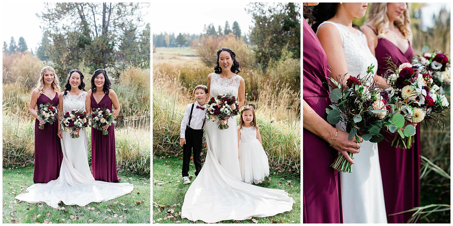 Portrait of the bride and her bridesmaids in a sultry field at the Sunriver Resort 
