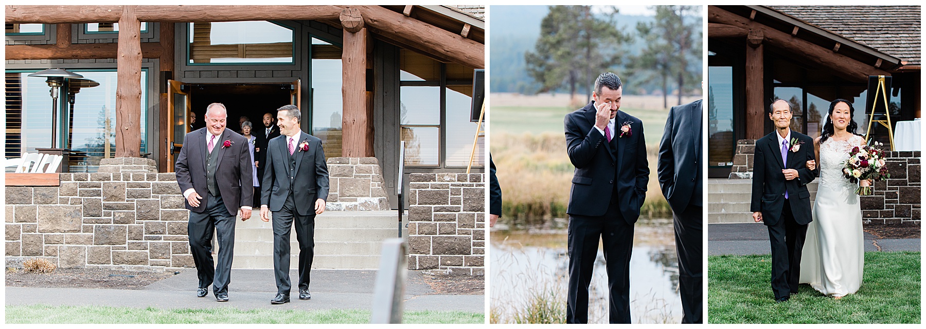 The groom walking to the ceremony, the bride is walked down the aisle by her father as the groom wipes a tear away.