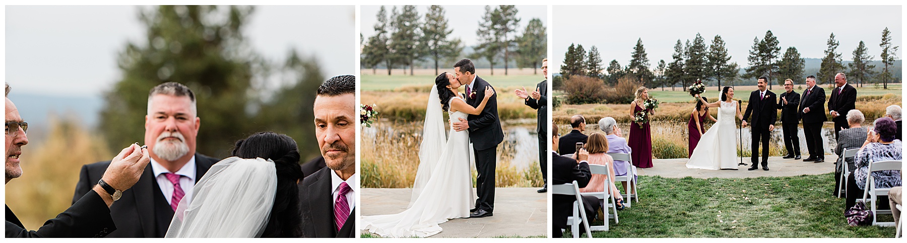 The couple is now husband wife and seal it with a kiss at the Sunriver Resort Fall Riverfront Wedding