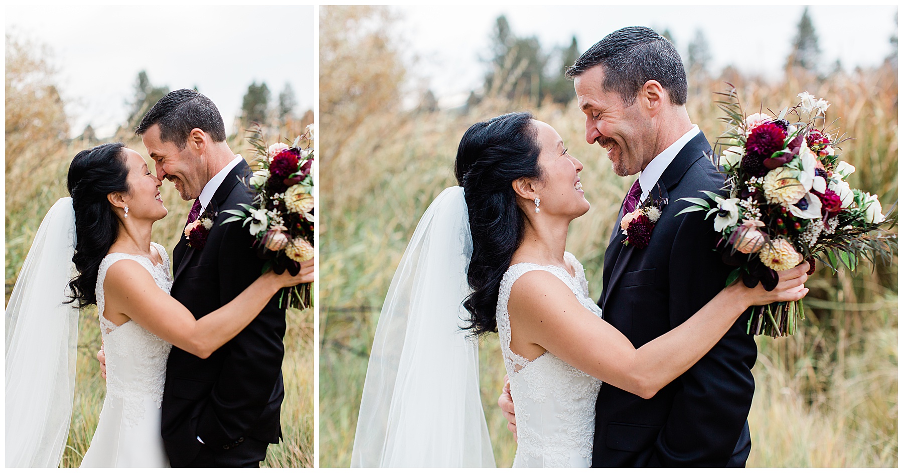 Portrait of the newlyweds in the field of the Sunriver Resort 