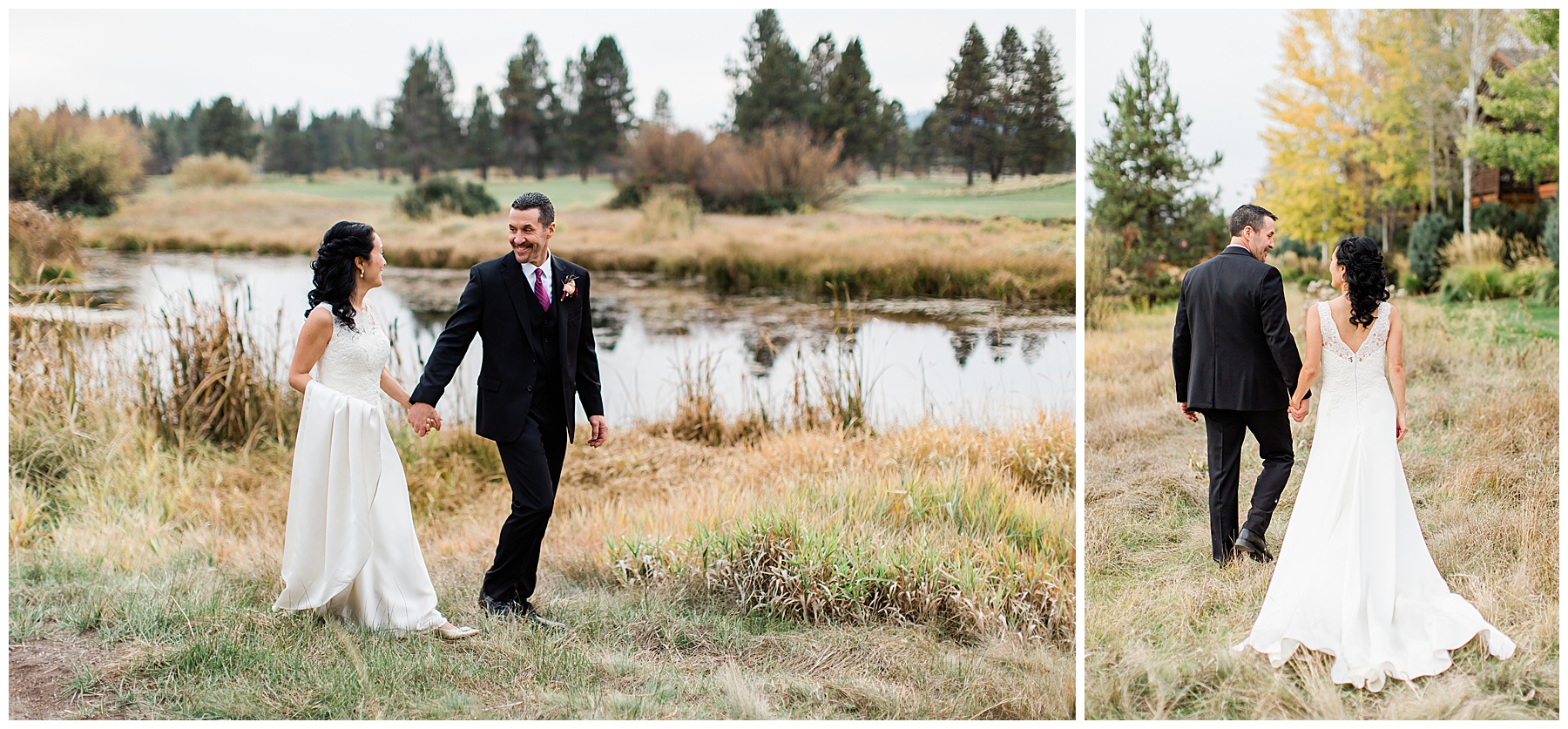 Portrait of the newlyweds walking through the Sunriver Resort by the Riverfront