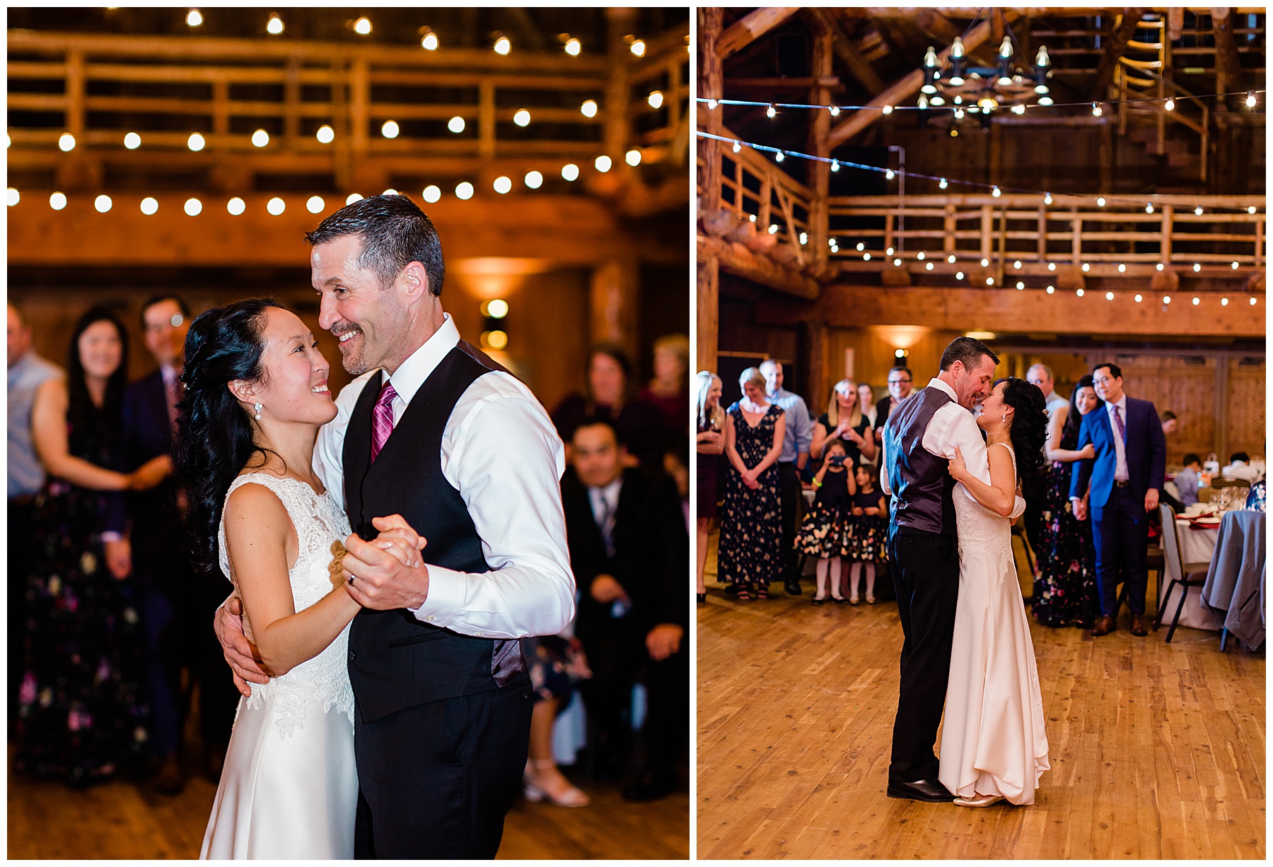A portrait of the couple sharing their first dance under a sultry string on lights at their Sunriver Resort Fall Riverfront Wedding