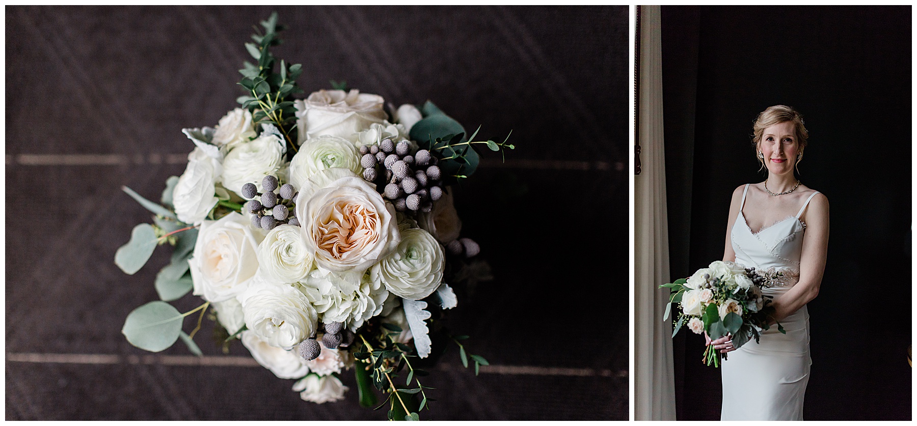 bridal bouquet featuring white and light pink roses with dark greenery