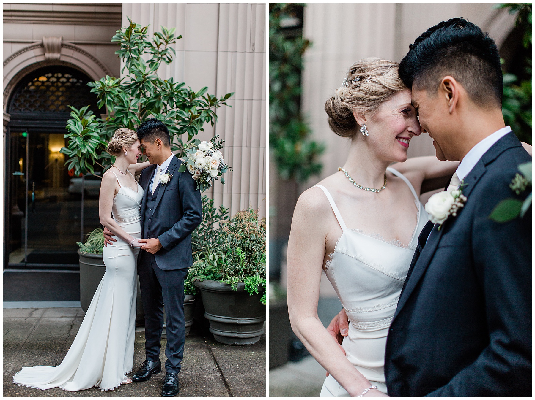 romantic wedding portraits outside the Sentinel hotel in downtown portland oregon. the couple is wearing vintage silk attire.