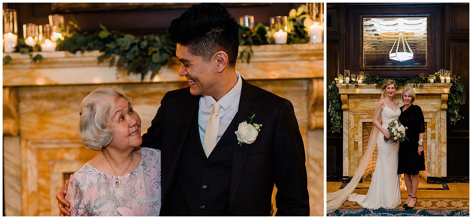 groom puts his arm around his mother during family wedding portraits