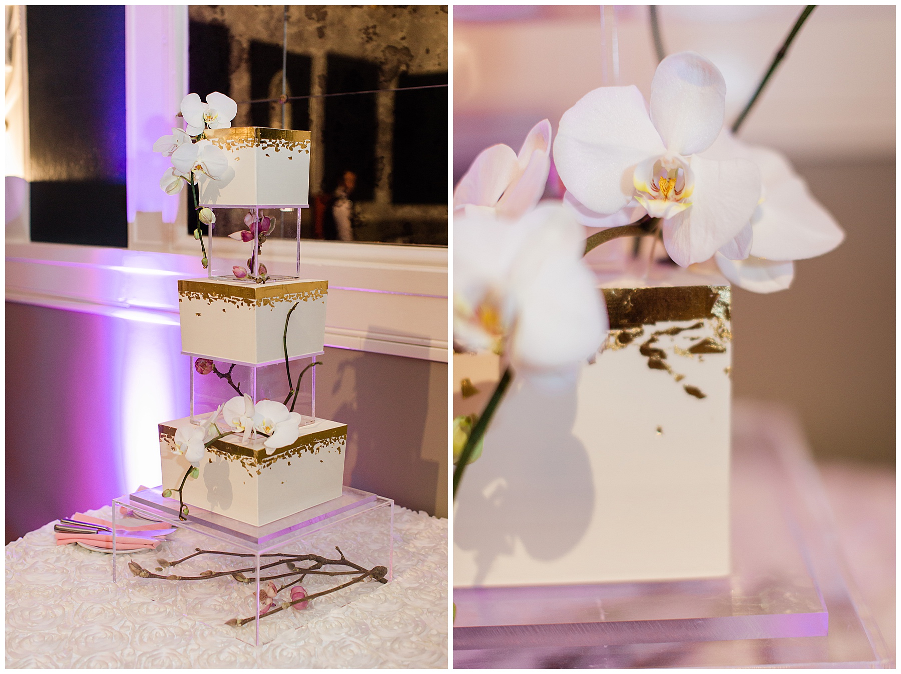 tall floating orchid cake at 1920's vintage sentinel hotel wedding in downtown portland oregon