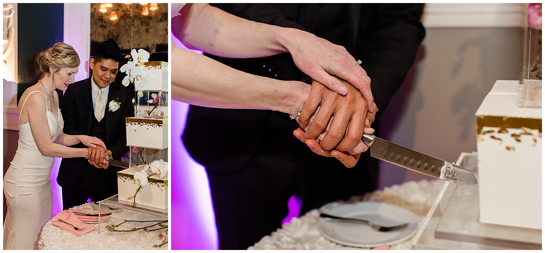 close up image of bride and groom cutting wedding cake