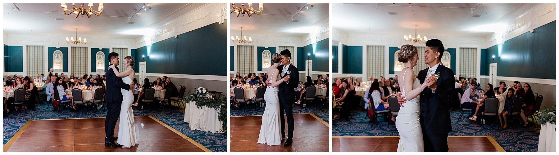 bride and groom share a sweet first dance in the sentinel hotel downtown portland ballroom