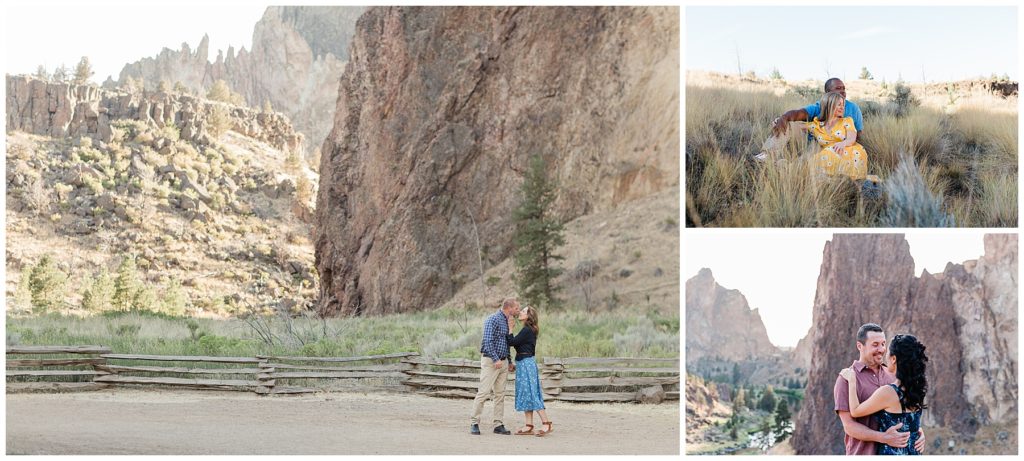 Collage of engagement portraits taken at Smith Rock, one of the best places to take engagement photos in Bend, Oregon. 