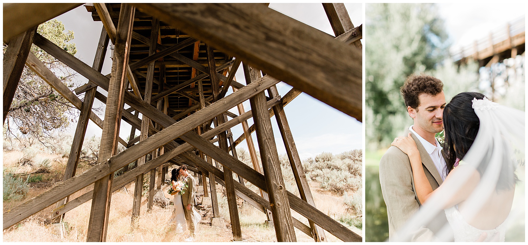 Iris and Andy share an intimate moment under the bridge before their Brasada Ranch Bend Oregon Resort Wedding