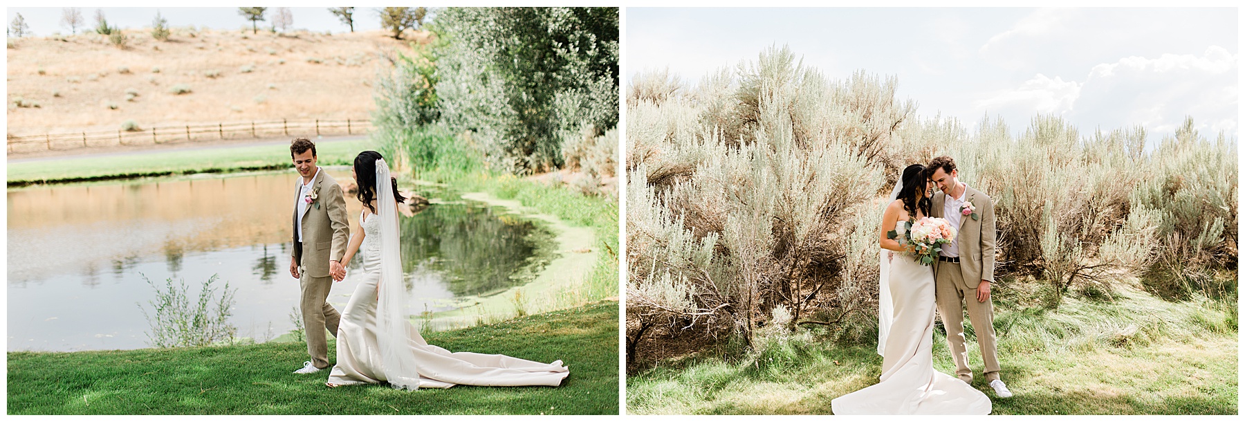 The bride and groom stroll through past a pond and green grasses for portraits at the Brasada Ranch Bend Oregon Resort