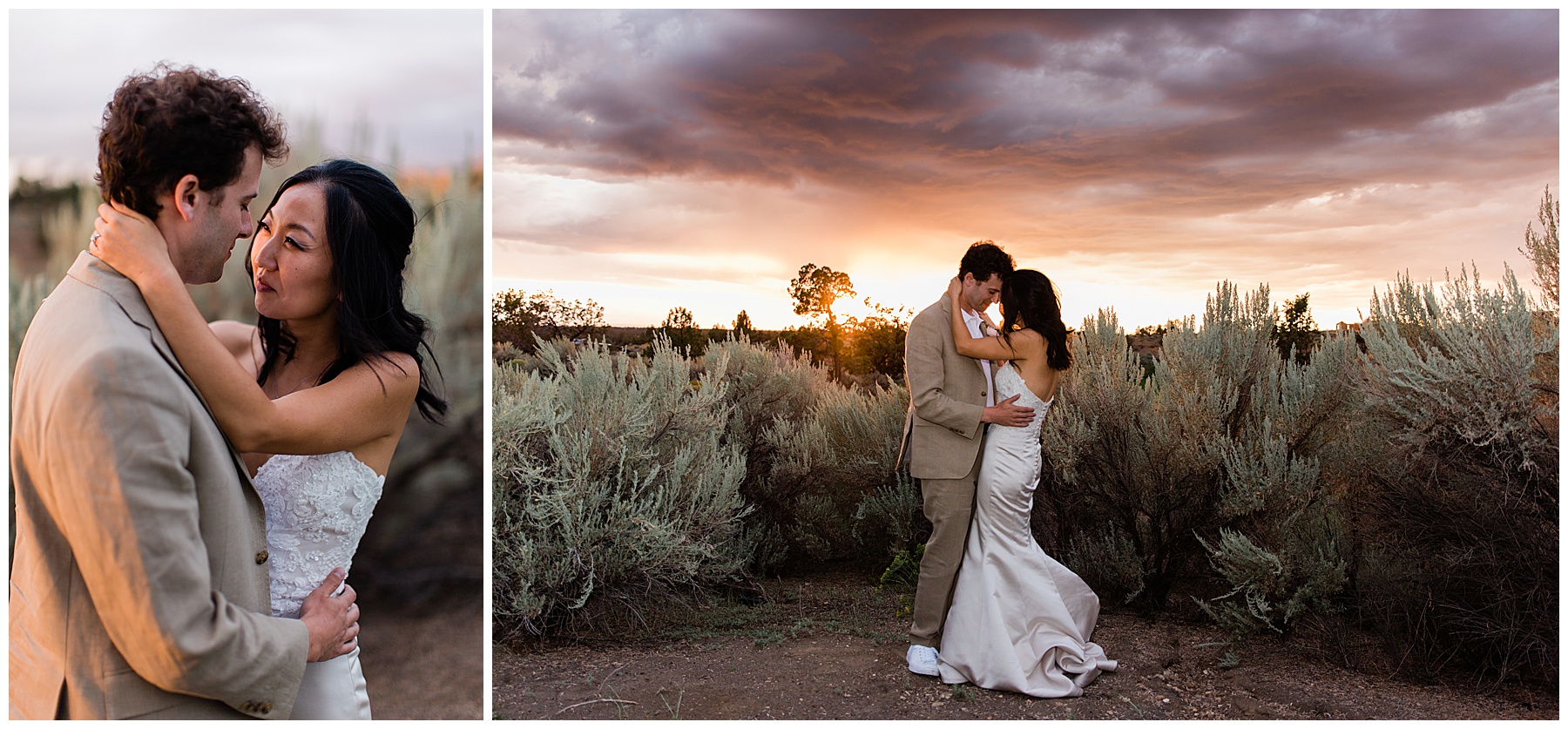 The married couple taking portraits in the tall grasses with the sun setting against gray clouds. 