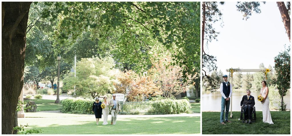 bride walks down the aisle at wedding at drake park in downtown bend oregon