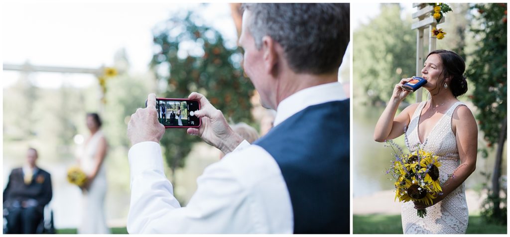 bride takes a shot from her flask during her wedding at drake park in downtown bend oregon