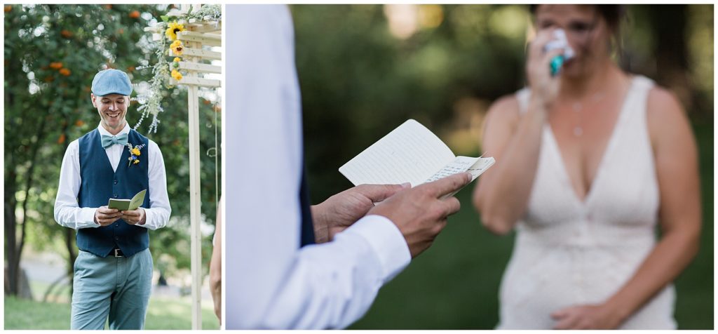 bride wipes tear away as groom reads from his hand written vow book at wedding at drake park in downtown bend oregon