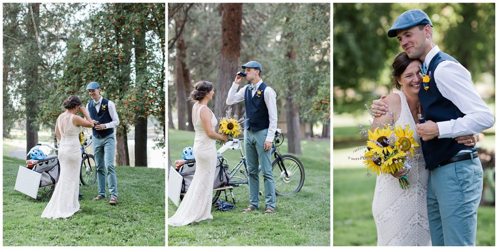 portraits of bride and groom hugging wedding at drake park in downtown bend oregon