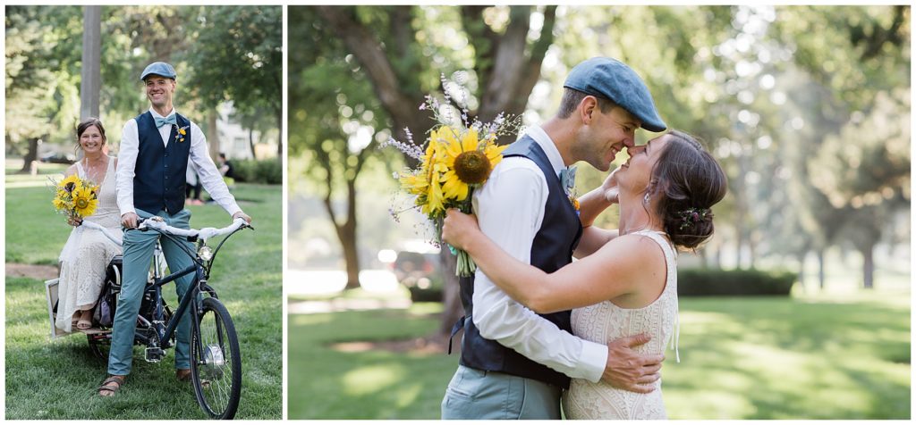 groom in vintage cap poses next to bride carrying sunflower bouquet at wedding at drake park in downtown bend oregon